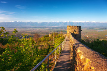 part of the city wall with fortified tower in historical town Signagi, Kakheti region, Georgia