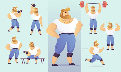 Set of handsome, muscular characters. Vector illustration of strong, athletic posing men bodybuilders with beard.