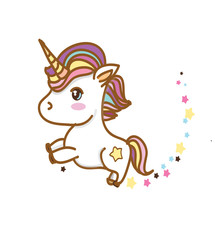colorful cheerful drawing with a unicorn with asterisks multicolored on white background