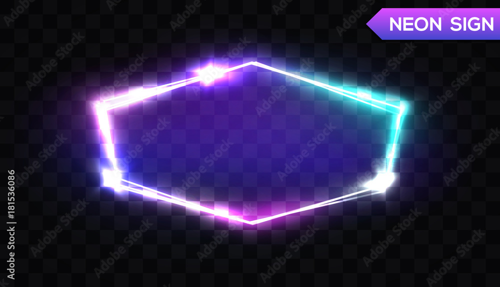 Poster night club hexagonal neon sign. 3d retro light signboard with shining effect. techno frame with glow