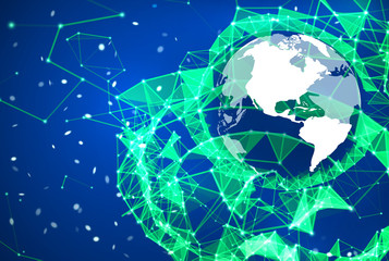 Global network connection background. Blue and green technology backdrop. Telecommunication broadcast concept. Glowing plexus structure with Earth planet and particles. Abstract vector illustration.