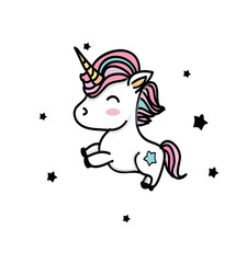  colorful drawing with unicorns with black stars on a white background
