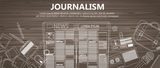 Journalism flat banner. Equipment for journalist on desk. Flat vector illustration
