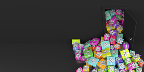 Infinite gift boxes getting out of a door, original 3d rendering.