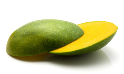 Sliced mango isolated on white background cut in half.