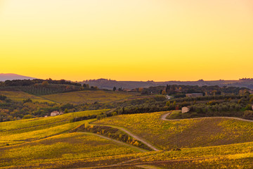 Fototapeta na wymiar Panoramic view of the Chianti region in Tuscany, Italy. Autumn season.