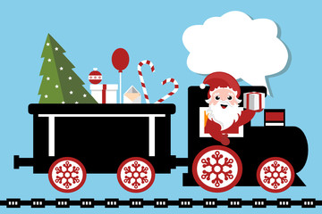 cartoon christmas scene with santa claus driving locomotive of the train, delivering gifts