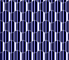 Blue white and black striped hexagons, honeycomb seamless pattern, modern vector background.
