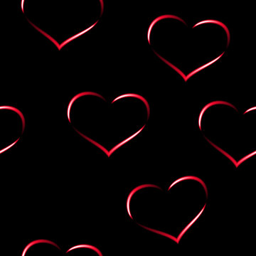 Red neon hearts, seamless vector background.