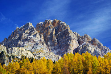 Scenic view of the Tofane Group and golden larch in sunlit at autumn morning. Dolomites, South Tyrol. Italy