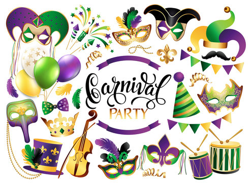 Mardi Gras French traditional symbols collection - carnival masks, party decorations. Vector illustration isolated on white background.