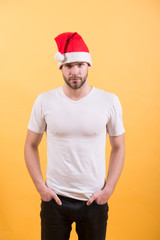 Man santa in white tshirt on orange background