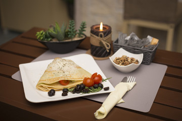 Vegetairan healthy fitness pancakes with vegetables and cheese romantic dinner restaurant