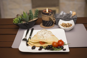 Vegetairan healthy fitness pancakes with vegetables and cheese romantic dinner restaurant