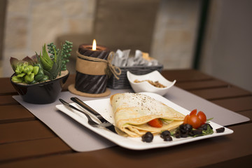 Vegetairan healthy fitness pancakes with vegetables and cheese romantic dinner restaurant