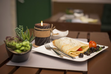 Vegetairan healthy fitness pancakes with vegetables and cheese romantic dinner restaurant