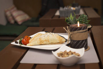 Vegetairan healthy fitness pancakes with vegetables and cheese romantic dinner restaurant