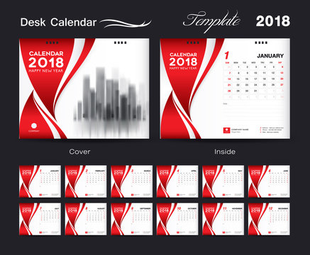 Set Desk Calendar 2018 template design, red cover, Set of 12 Months, Week start Sunday