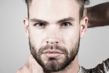 Fototapeta premium Man with bearded face skin, moustache on grey background