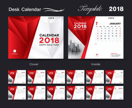 Desk Calendar 2018 template layout design, red cover, Set of 12 Months