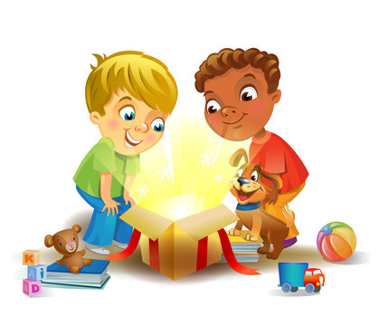 Holiday miracle - boys opening a magic gift