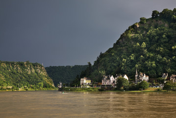 Lorelei rock and embankment of Rhine river in Sankt Goar am Rhein. Germany     