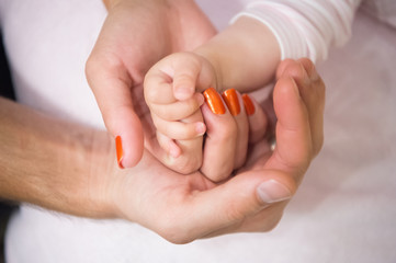 Family hands of father, mother and child together