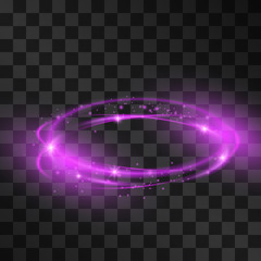 Purple stormy swirls light effect for luxurious products or brands. Neon orbit for beauty goods, modern design, hi-tech gadgets, fashion on transparent background. Magical stardust ring.