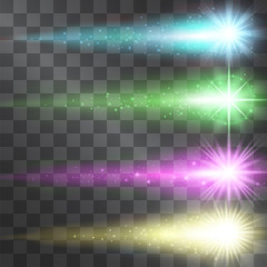 Colorful stars with narrow comet tails for text announcements, brand names, ads etc. Moving meteorites with decorative sparkling traces of halo and stardust, neon glow on transparent background.