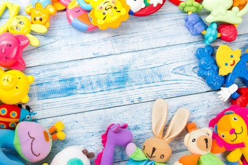 Fototapeta na wymiar Set of colorful Kids toys frame. Copy space for text