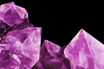 Crystal Stone macro mineral, purple rough amethyst quartz crystals on black background