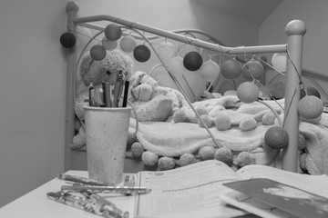 cuddly mascot in a child's room on a white background