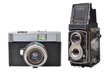 Antique and old cameras white background