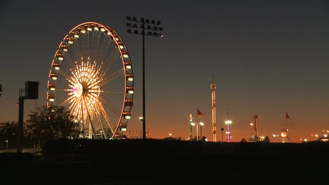 Wide, scenic theme park at night