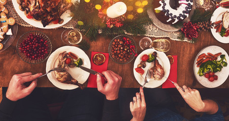 High angle view of table served for Christmas family dinner. Table concept