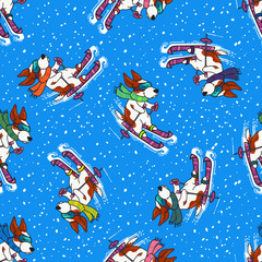 Winter greeting design with dogs in colorful sweaters are skiing