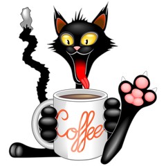 Chat heureux drôle avec la grande tasse de café