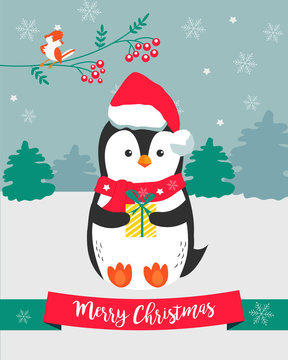 Christmas card with holiday penguin
