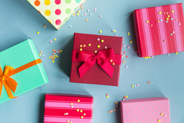 Fototapeta premium Holidays giftboxes on the blue background for mother's day, christmas, birthday