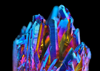 Amazing rare Quartz Rainbow Titanium aura crystal cluster on black background