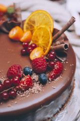 beautiful chocolate cake in the foreground