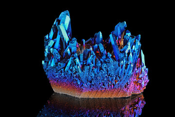 Amazing rare Quartz Rainbow Titanium aura crystal cluster on black background