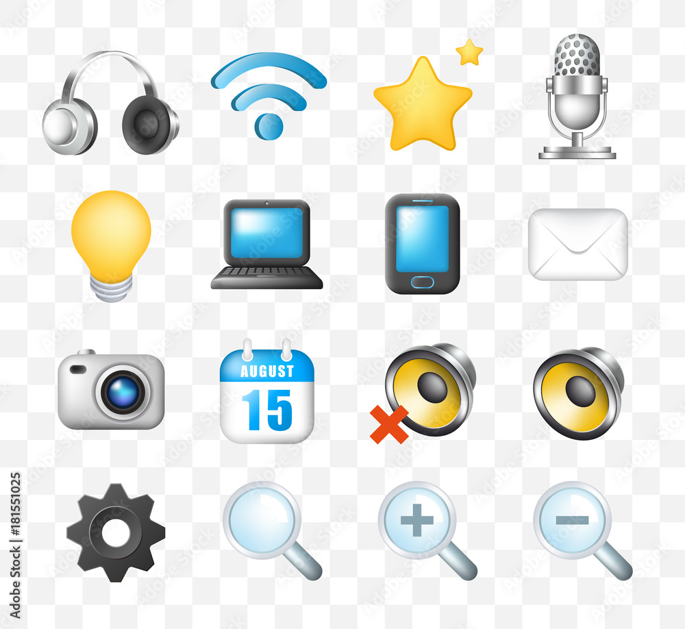 Poster set of cute elegant multimedia and interface icons on transparent background . isolated vector illus