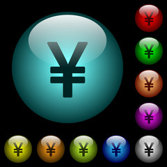 Japanese Yen sign icons in color illuminated glass buttons