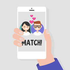 Dating service, mobile application. A hand holding a smart phone. Love and relationships. Interracial couple / flat editable vector illustration, clip art