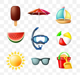 Set of Cute Summer Icons on Transparent Background . Isolated Vector Illustration