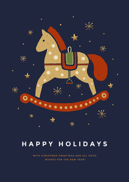 Christmas greeting card with cute rocking horse. Template for holiday cards. Symbol of Merry Christmas and Happy New Year.  Vector illustration.
