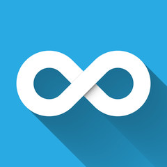Infinity symbol icon. Concept of infinite, limitless and endless. Simple white vector design element with gradient long shadow isolated on blue background.