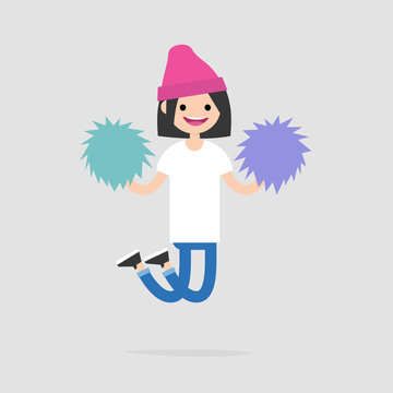 Cheerleader girl jumping with the pompoms. Sport activities. Supporting the team. Young excited character celebrating the success. Flat editable vector illustration, clip art