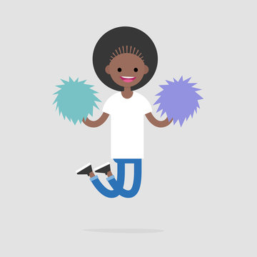 Cheerleader girl jumping with the pompoms. Sport activities. Supporting the team. Young excited character celebrating the success. Flat editable vector illustration, clip art